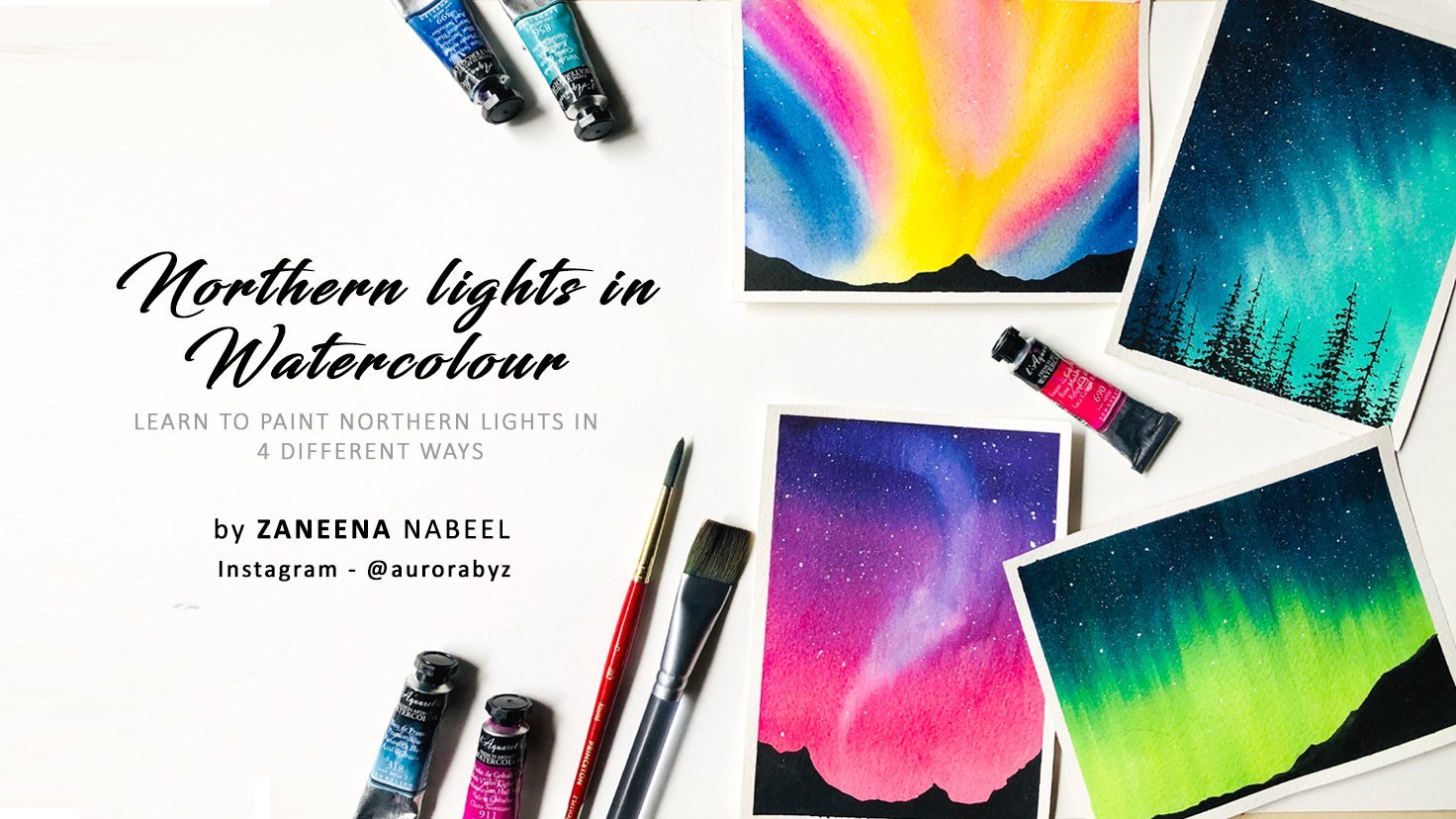 Northern lights in Watercolor  - Learn to paint northern lights in 4 different ways