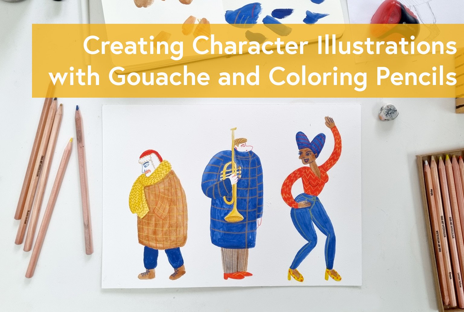 Creating Character Illustrations with Gouache and Coloring Pencils