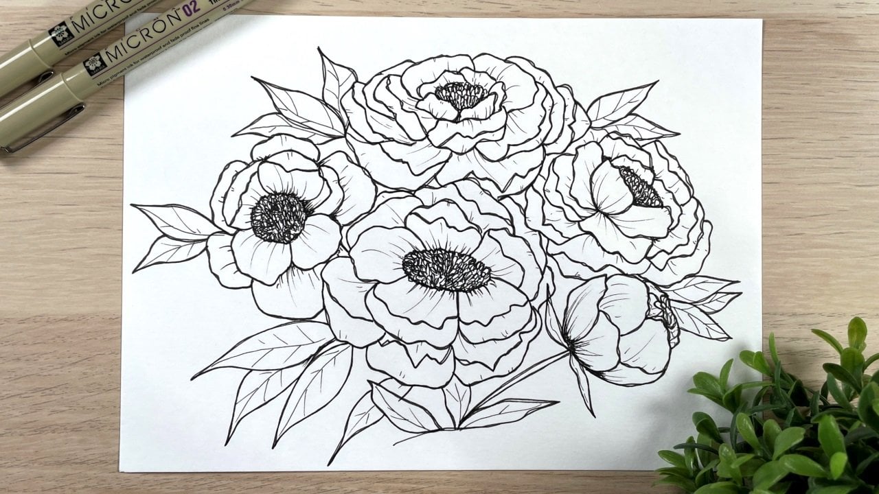 Fun with Florals: Draw a Composition with Peonies in a Line Drawing Style