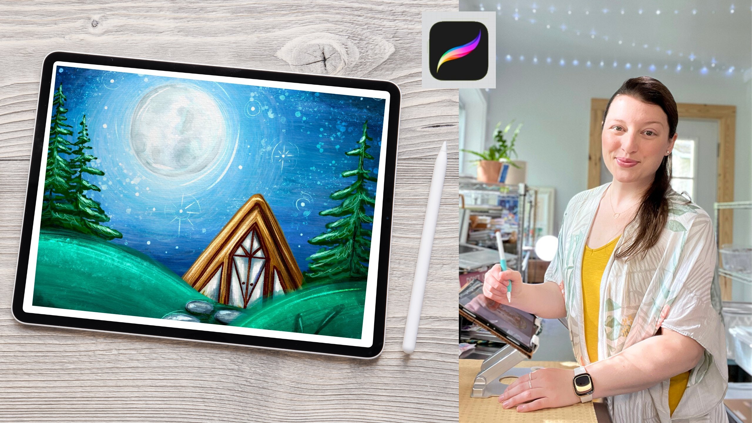 Painting in Procreate - Paint A Whimsical Woodland Cabin  On Your iPad - Free Brush + Canvas