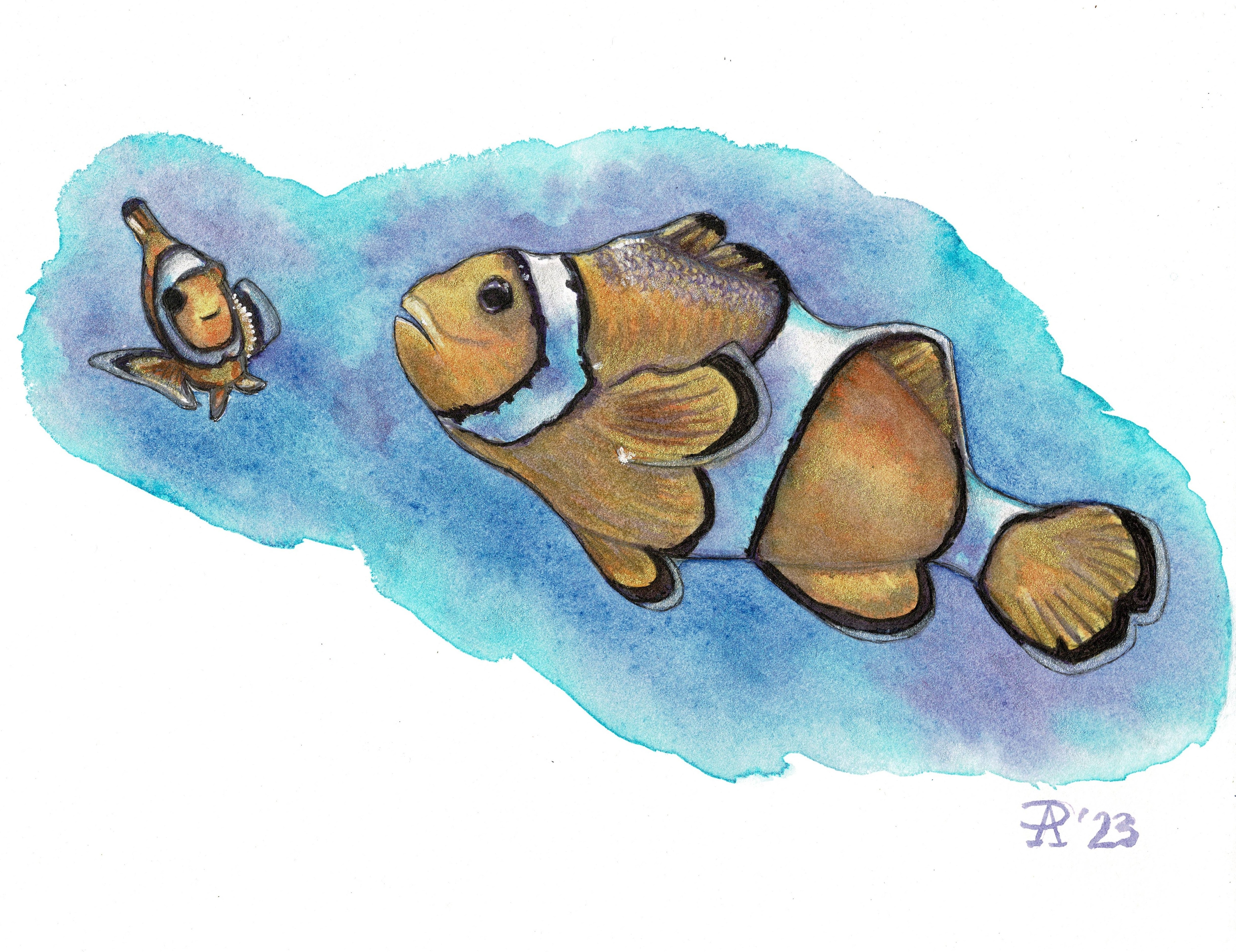 How to Draw and Paint Clownfish in Watercolors with Metallic Highlights and Ink